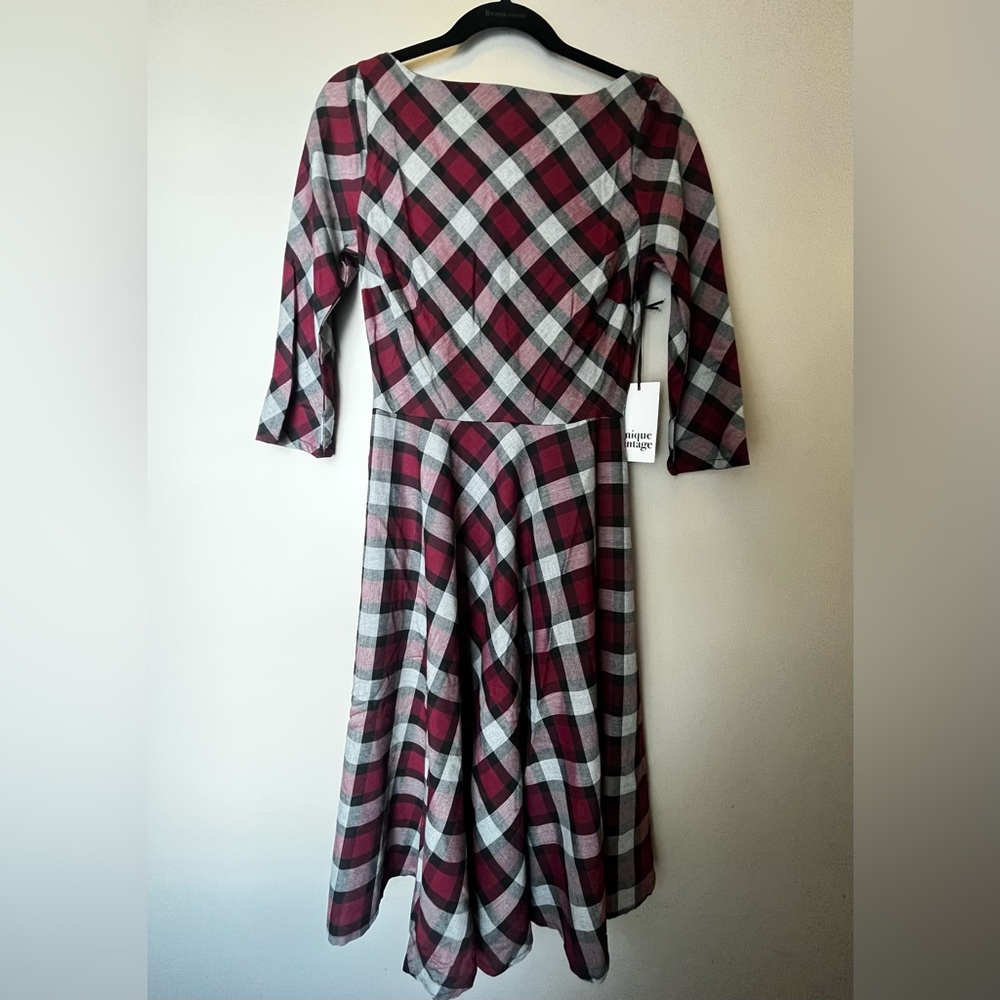Unique Vintage Red and Black Plaid Backless Dress